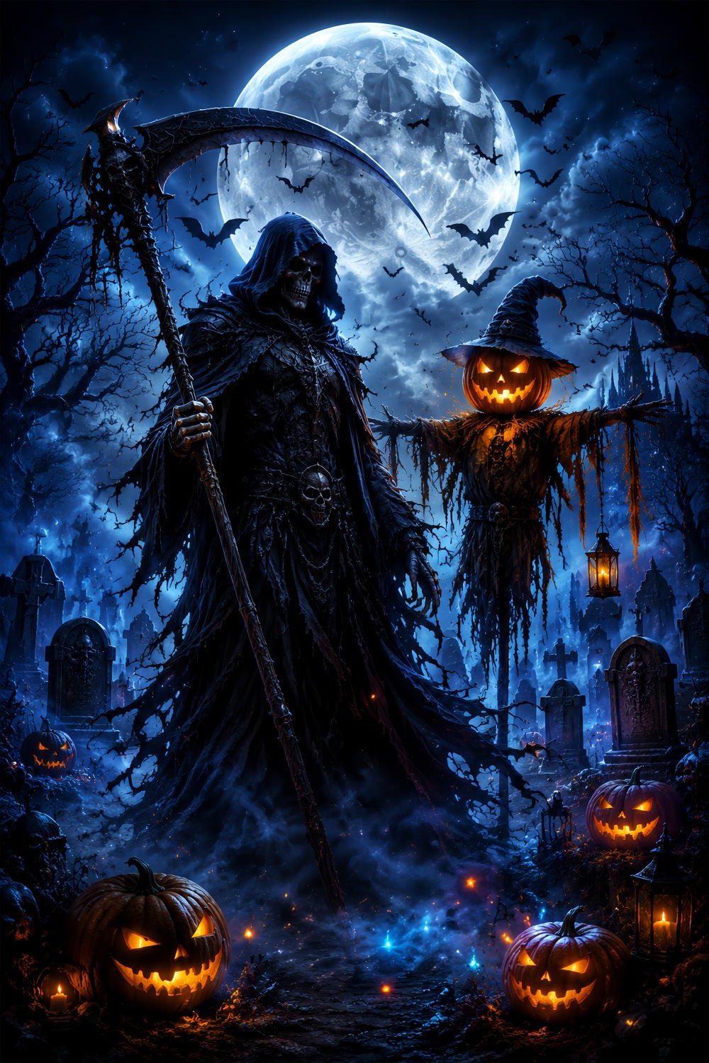 Décor De Cimetière Avec Lune D'HalloweenFaucheuse Et Épouvantail LXX67-8
