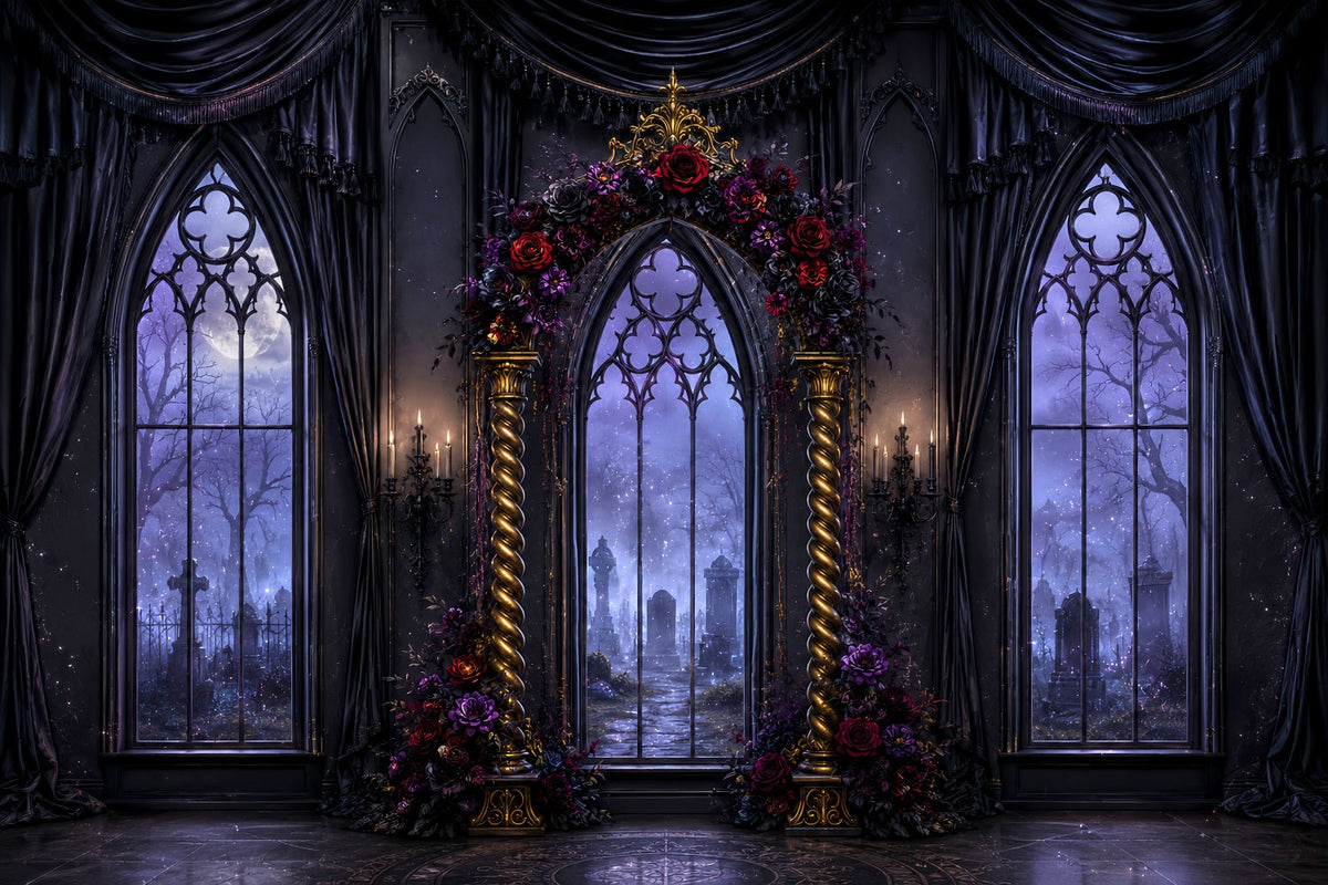 Décor D'Arche D'Halloween Style Gothique Floral Avec Fenêtre Et Grand Hall D'Entrée LXX67-89