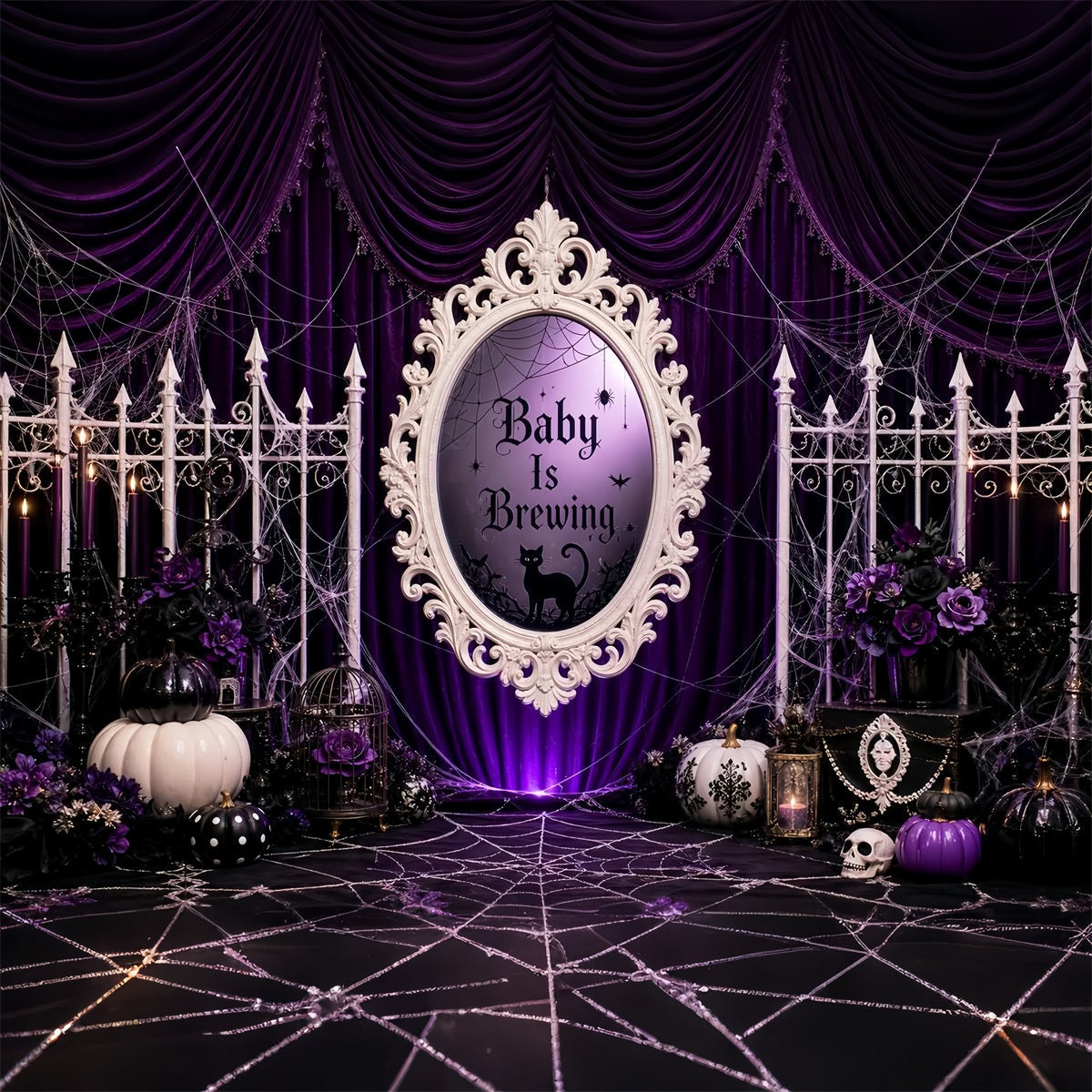 Décor De Photographie Halloween Pour Baby Shower Rideau Violet Sorcière Et Citrouille LXX67-92