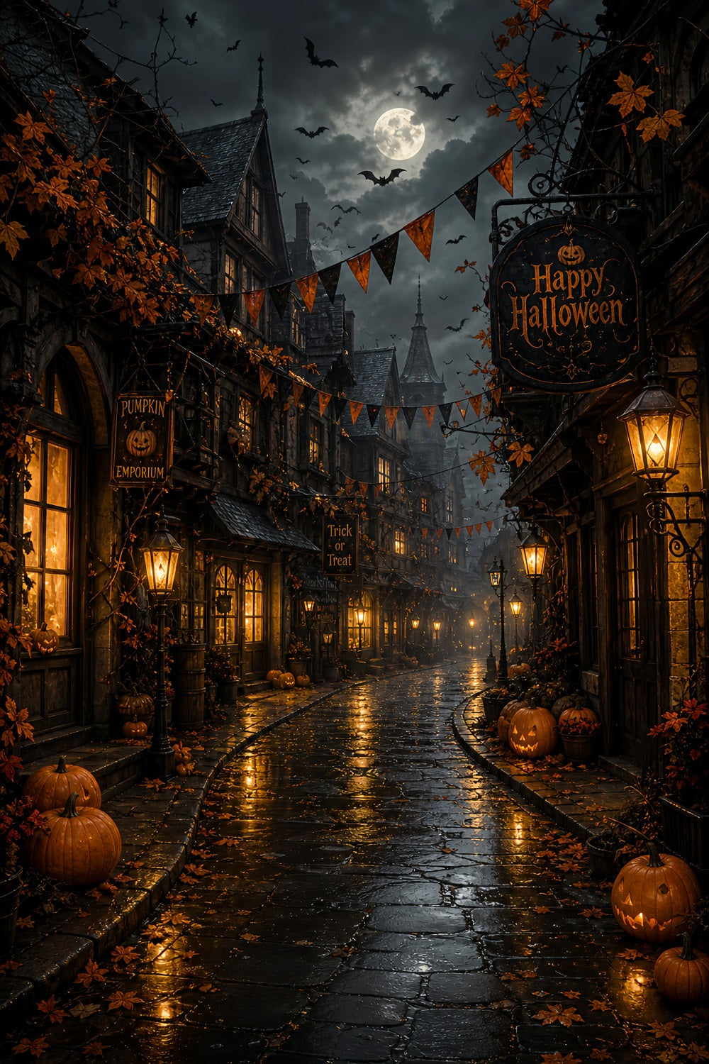 Toiles De Fond Photographiques Pour Halloween Village De Citrouilles Au Clair De LuneDécor LXX67-93
