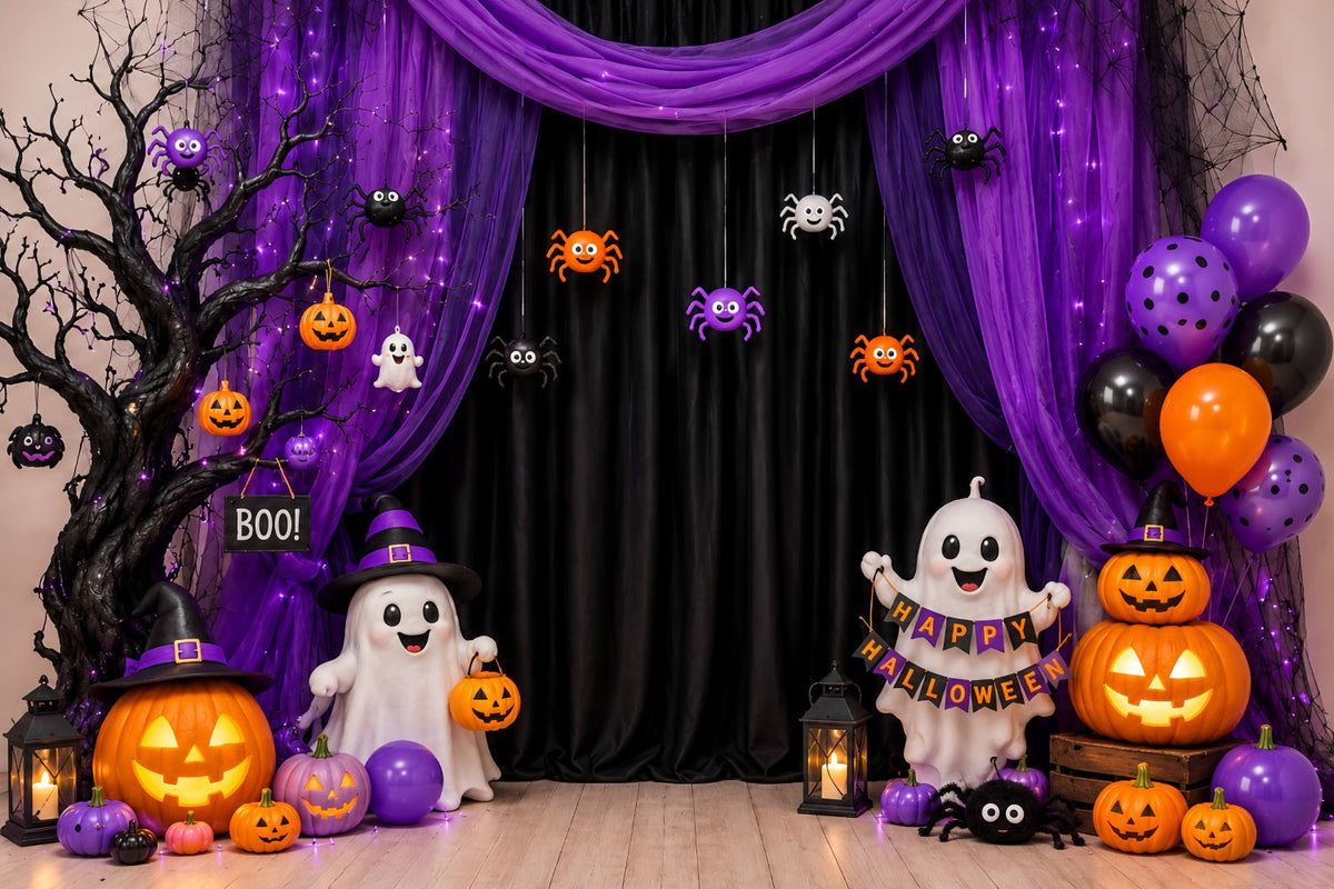 Décor De Fond Pour Photomaton D'Halloween À Faire Soi-Même Rideau De Fête Fantôme Violet LXX67-97