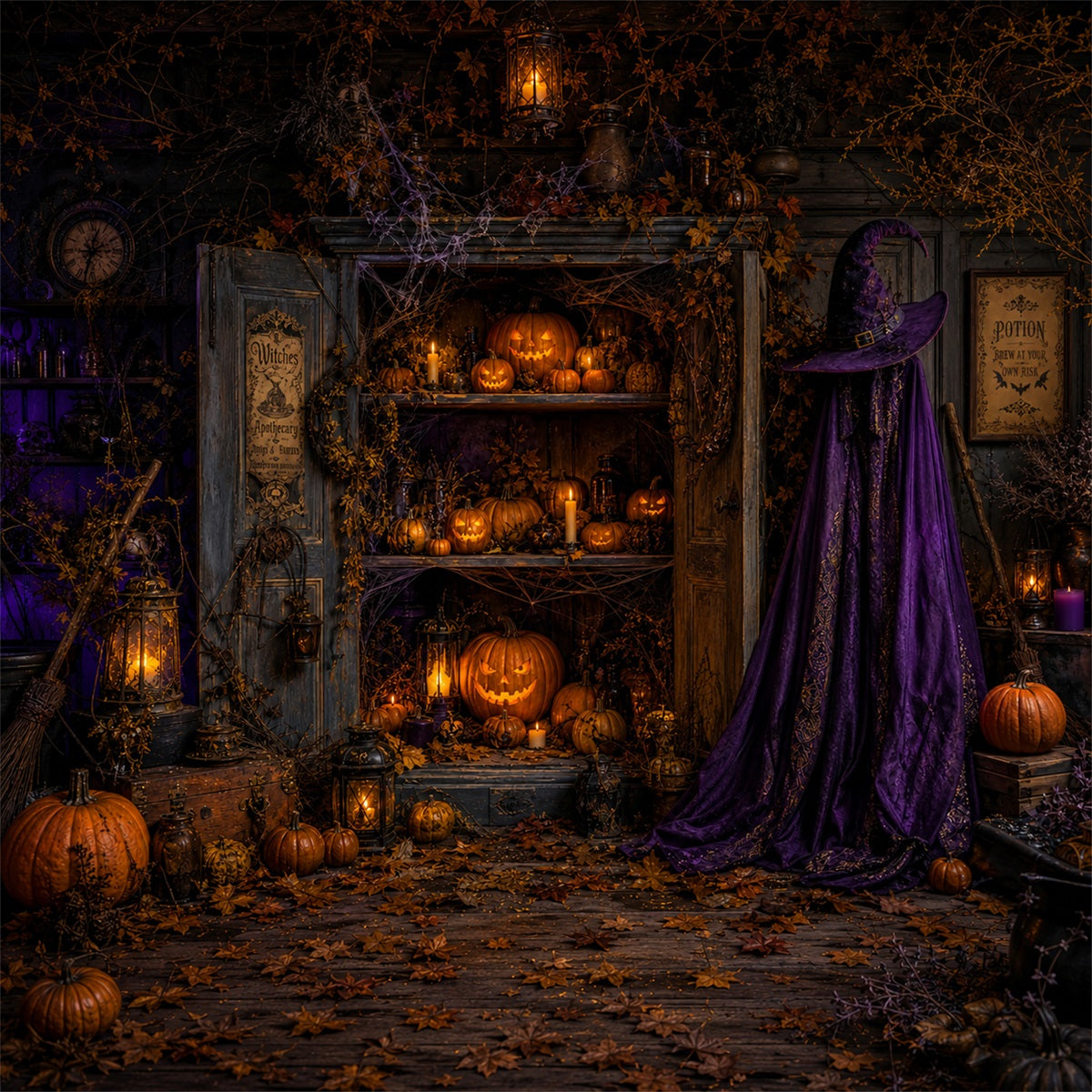 Décor De Fond En Tissu Pour Halloween Sorcière Apothicaire Armoire À Citrouilles Cimetière LXX67-99