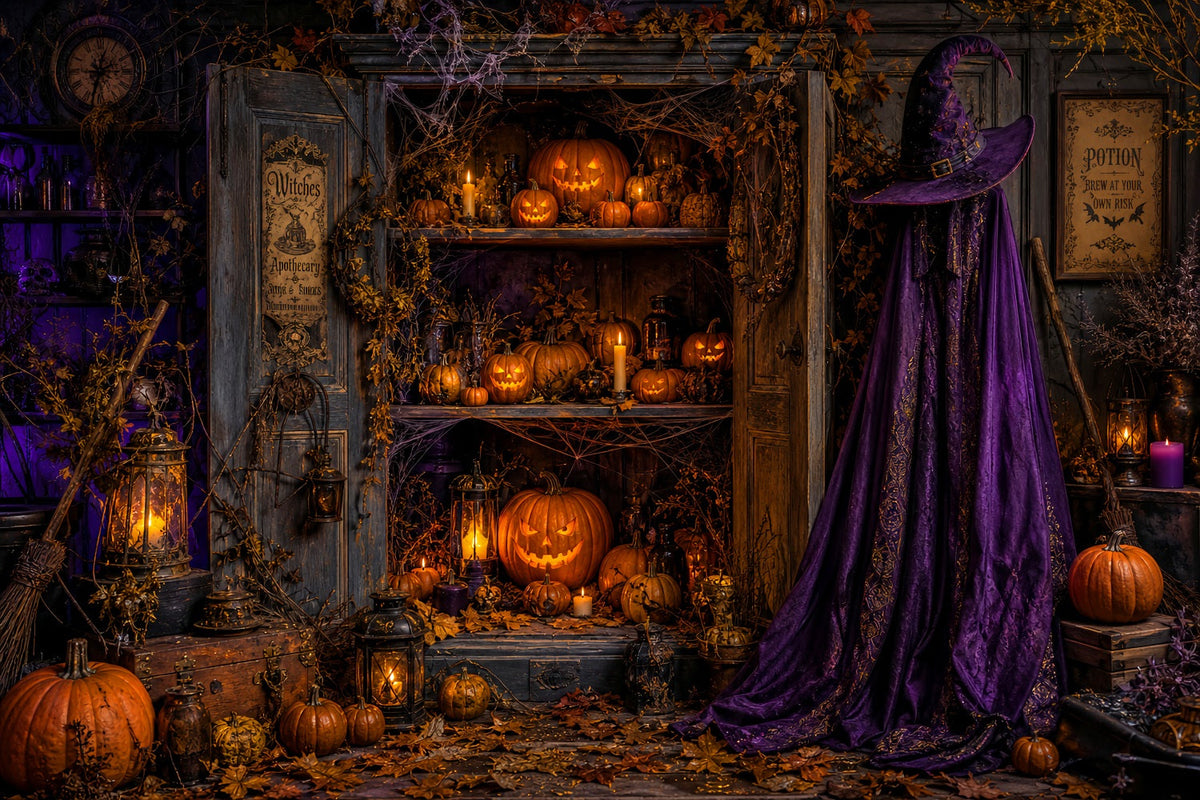 Décor De Fond En Tissu Pour Halloween Sorcière Apothicaire Armoire À Citrouilles Cimetière LXX67-99