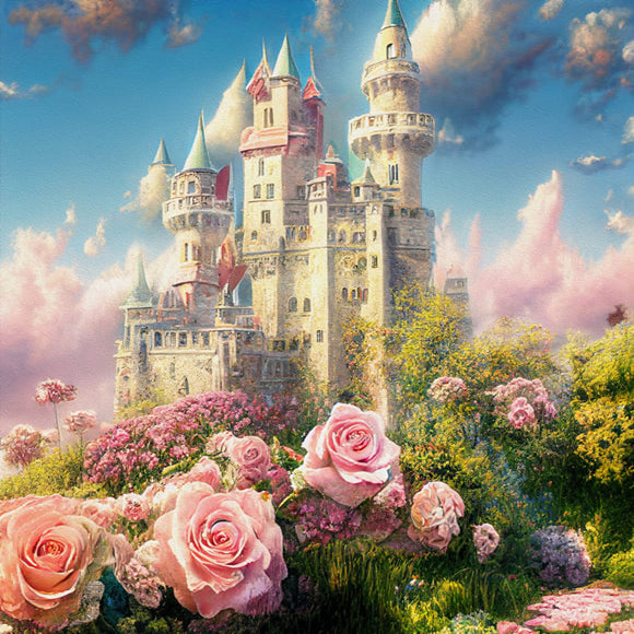 Fantaisie Jardin Château Fleurs Nuages Toile de Fond M-39