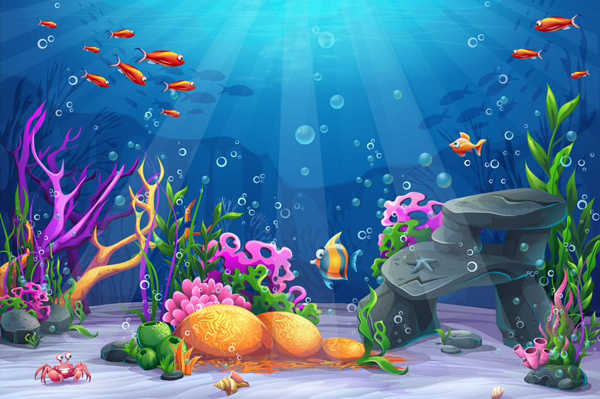 Monde Sous-marin Poisson Coraux Dessin Animé Toile de Fond M-91
