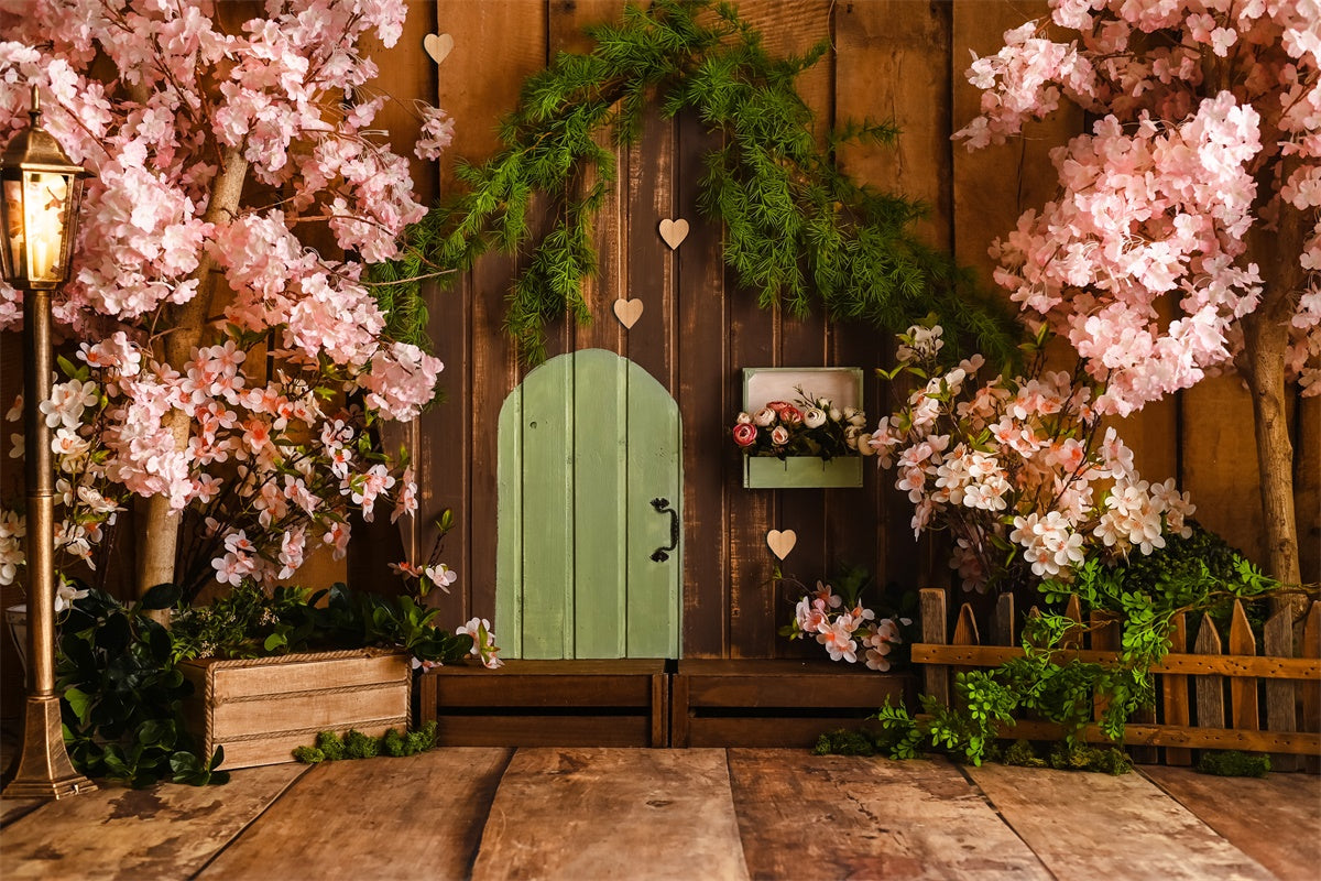 Printemps Sakura Porte en bois Clôture Toile de fond M1-29