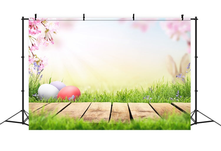 Œuf de Pâques Soleil Fleurs de Cerisier Pelouse Passerelle Toile de fond M1-34