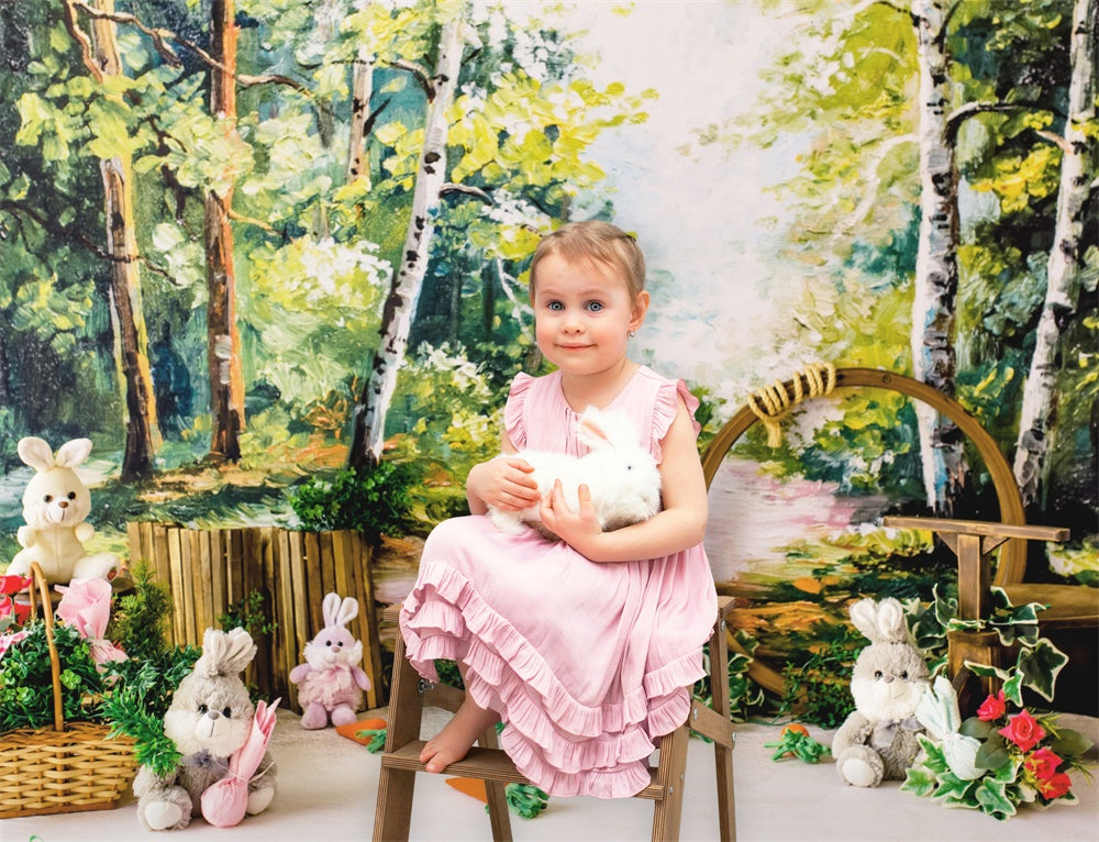 Pâques Peinture à l'huile Forêt Poupée Lapin Carotte Toile de fond M1-37