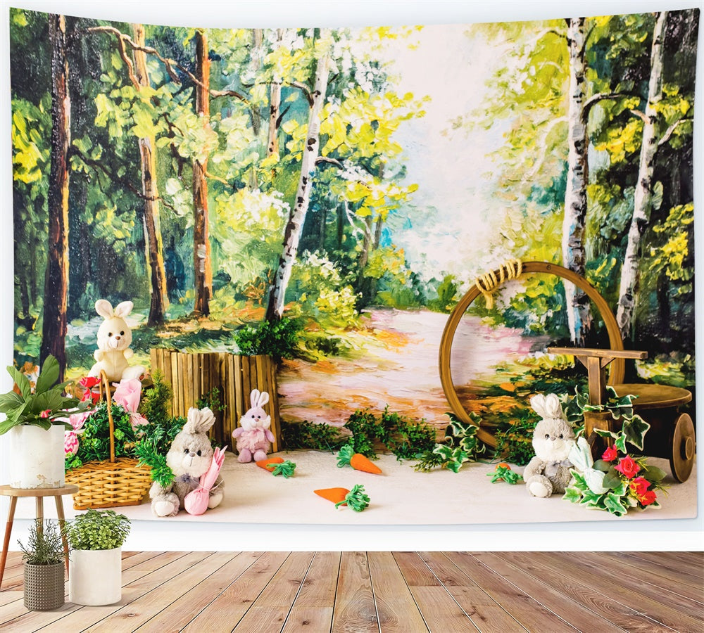Pâques Peinture à l'huile Forêt Poupée Lapin Carotte Toile de fond M1-37