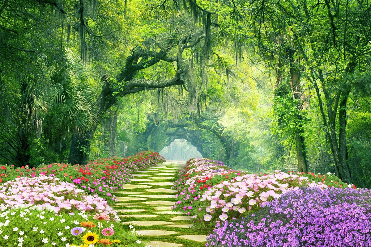Printemps Fleurs entourant piste Forêt Mystique Toile de fond M1-38