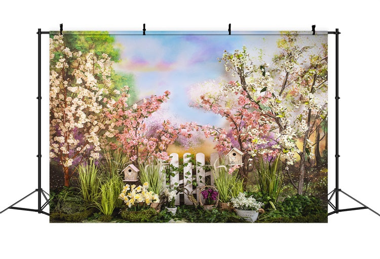 Printemps Arc-en-ciel Couleur Nuage Fleur de Cerisier Clôture Blanche Toile de fond M1-40