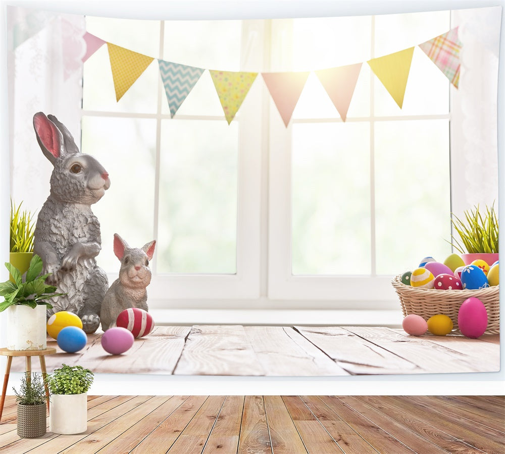 Œufs de Pâques Lapin gris Drapeaux colorés Fenêtre Toile de fond M1-45