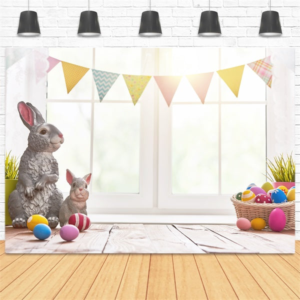 Œufs de Pâques Lapin gris Drapeaux colorés Fenêtre Toile de fond M1-45