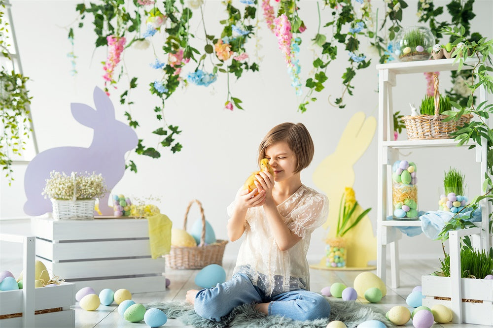 Œufs de Pâques Fleur Verdure Lapin Frais Toile de fond M1-50