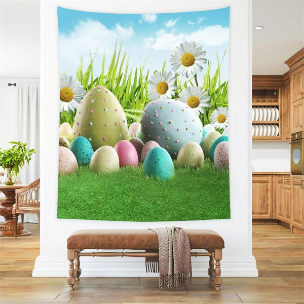Pâques Oeuf Marguerites Bleu Ciel Blanc Nuages Toile de fond M1-52