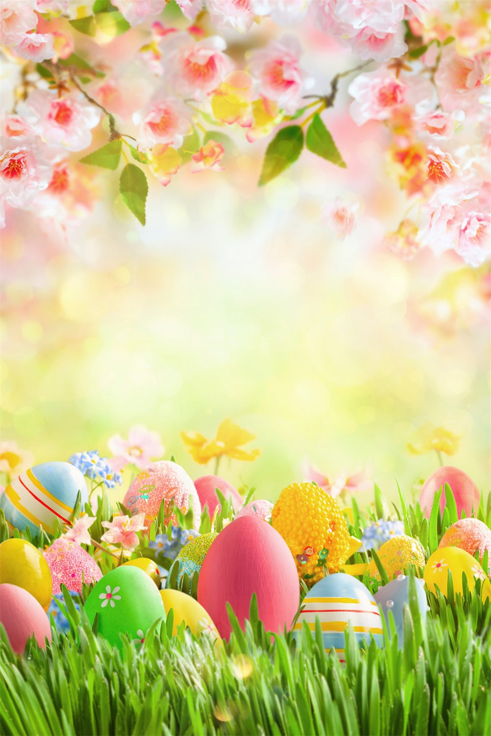 Pâques Chaud Printemps Pelouse Fleur de Cerisier Œuf Toile de fond M1-54