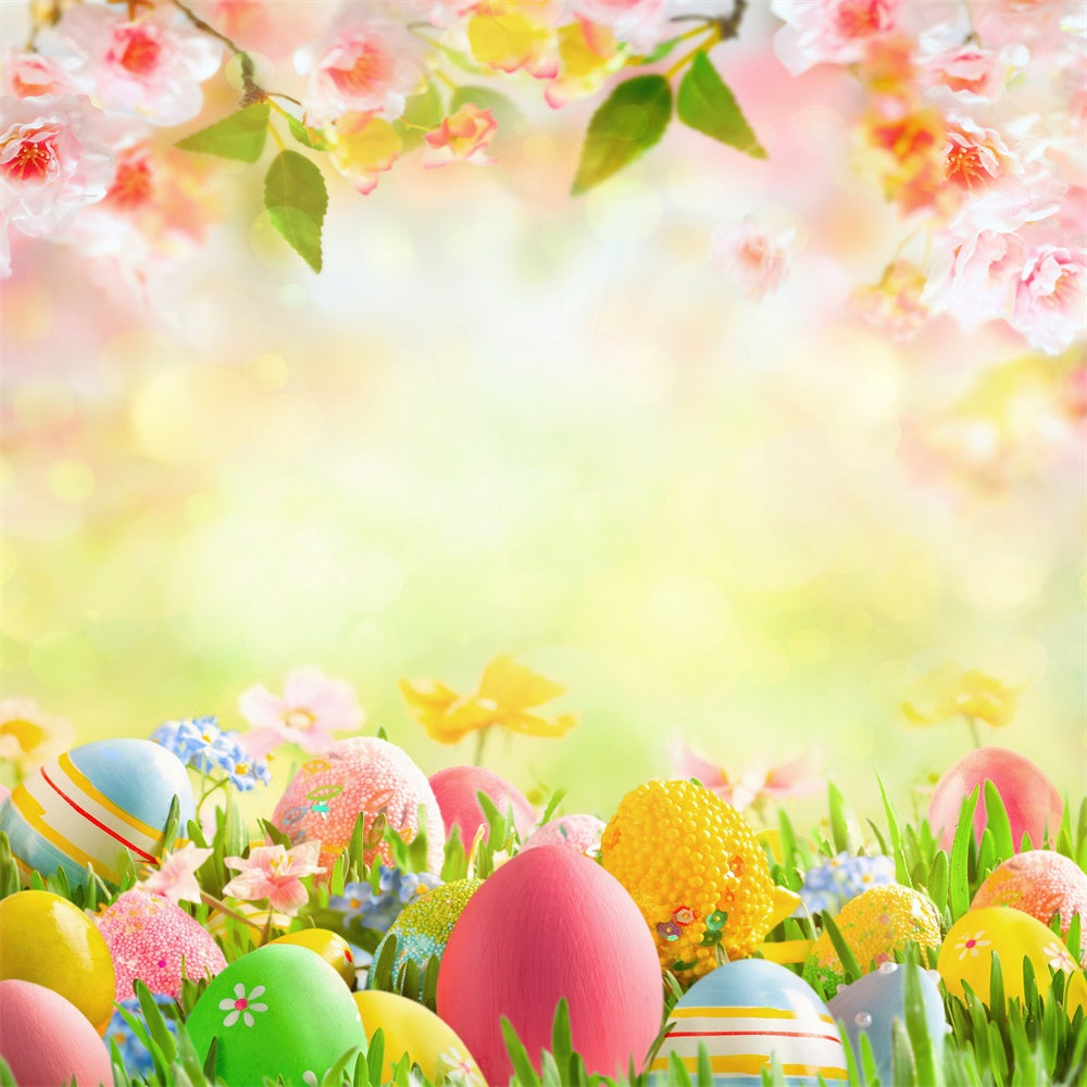 Pâques Chaud Printemps Pelouse Fleur de Cerisier Œuf Toile de fond M1-54