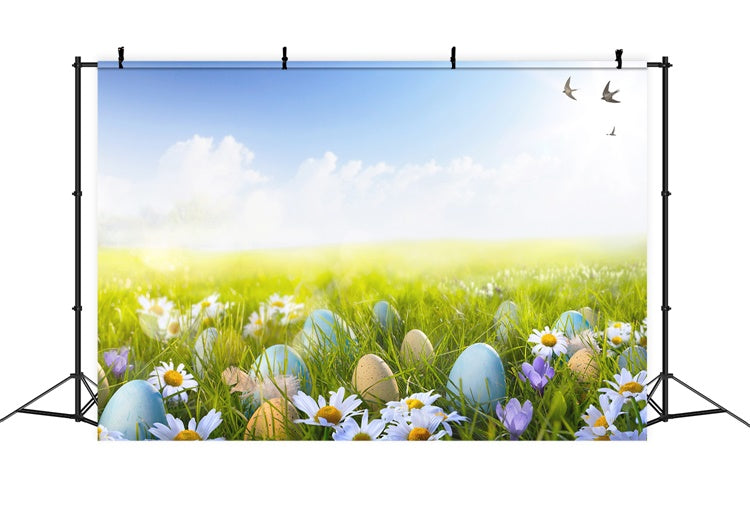 Pâques Bleu Ciel Blanc Nuages Œufs d'hirondelle Vert Herbe Toile de fond M1-57