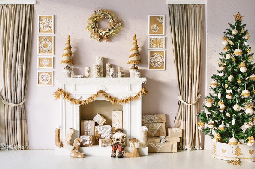 Arbre de Noël Cadeaux Cheminée Guirlande Toile de fond M10-04