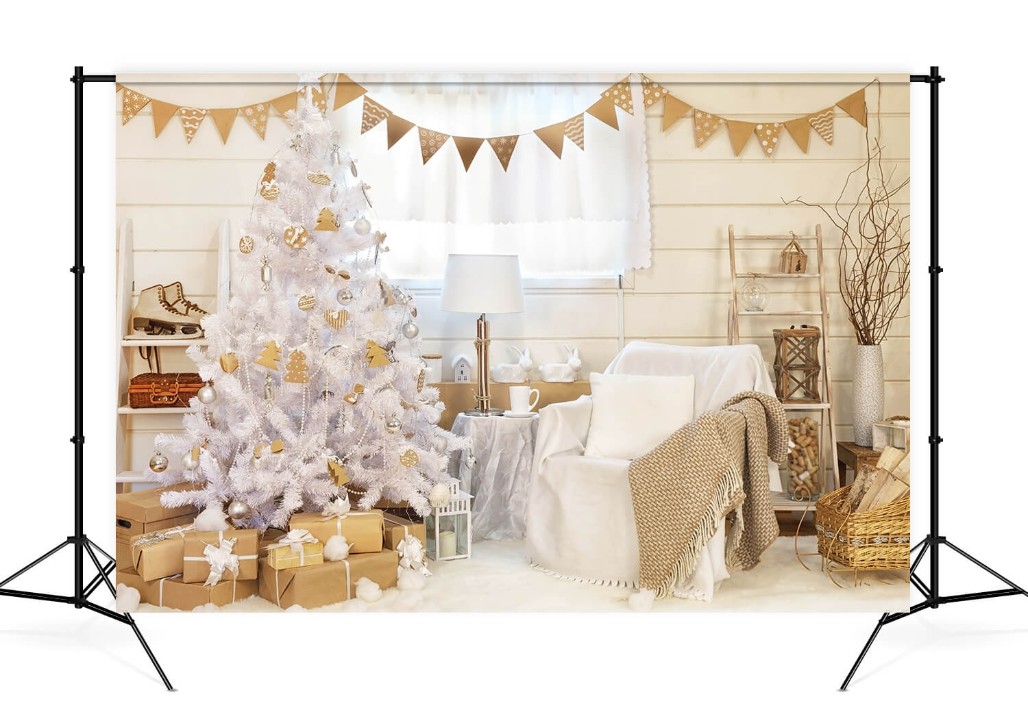 Arbre de Noël blanc décoré Toile de fond de chambre M10-05