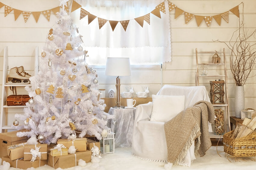 Arbre de Noël blanc décoré Toile de fond de chambre M10-05