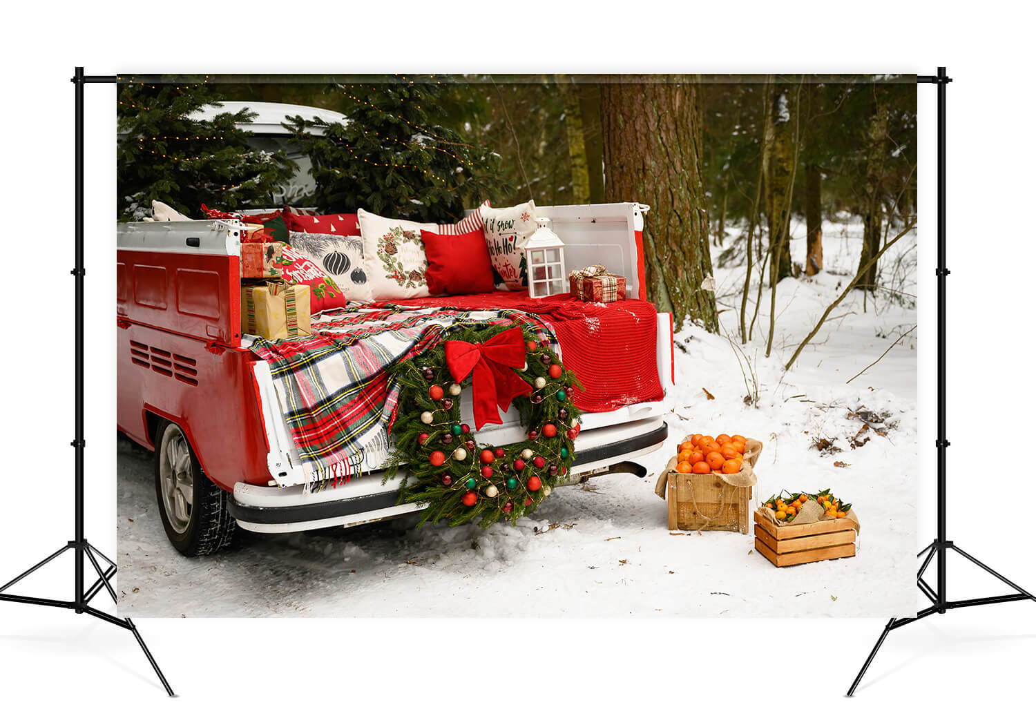 Camion de Noël Rouge Forêt Enneigée Toile de fond M10-10