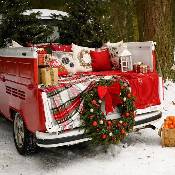 Camion de Noël Rouge Forêt Enneigée Toile de fond M10-10