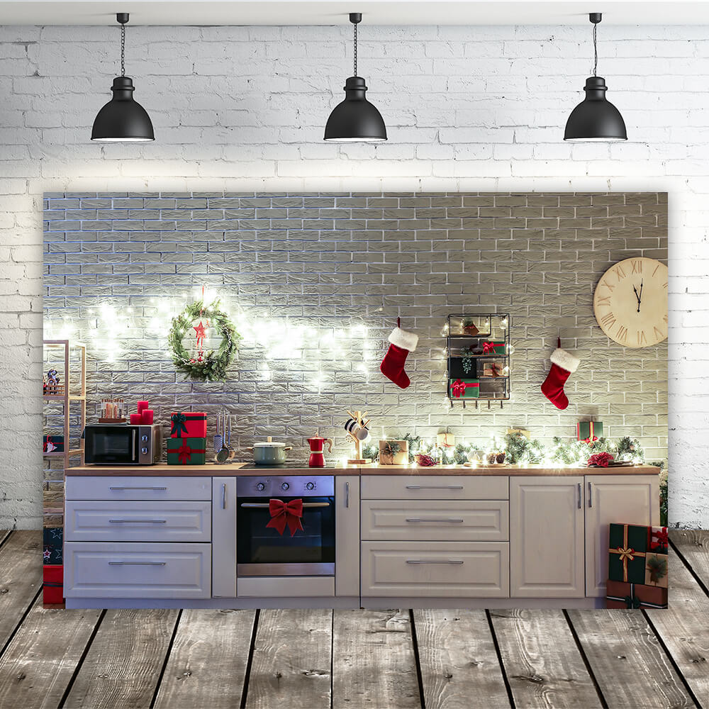 Cuisine Blanche avec Décorations de Noël Toile de fond M10-12