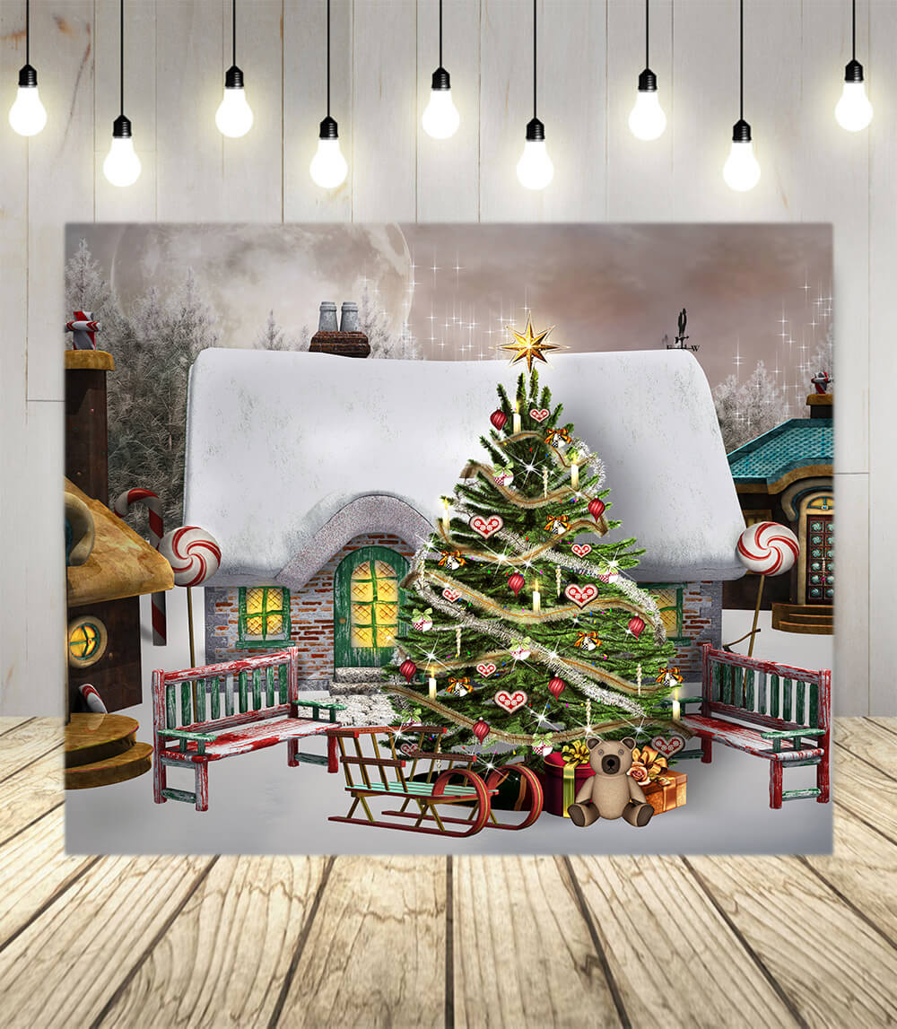 Maison en pain d'épice en bonbons Toile de fond de Noël M10-47