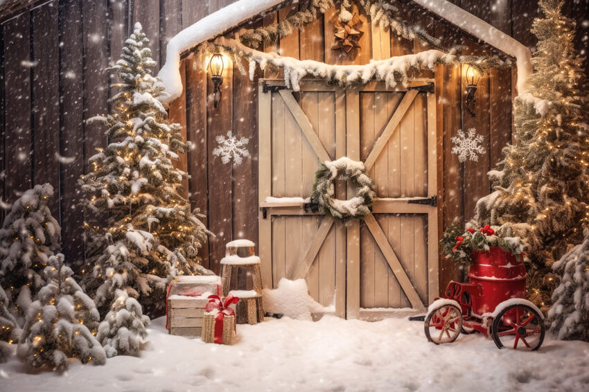 Noël Rustique Porte en bois Neige Toile de fond M10-59