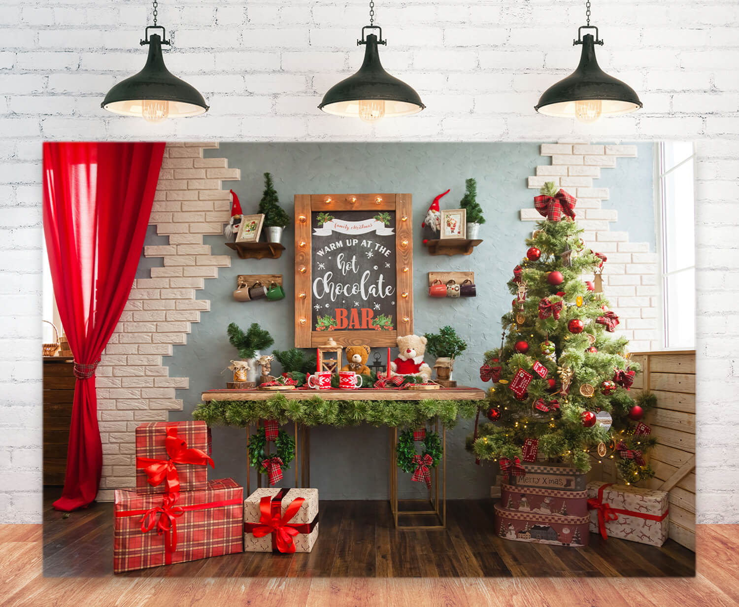 Arbre de Noël Rouge Rideau Cadeaux Studio Toile de fond M11-36