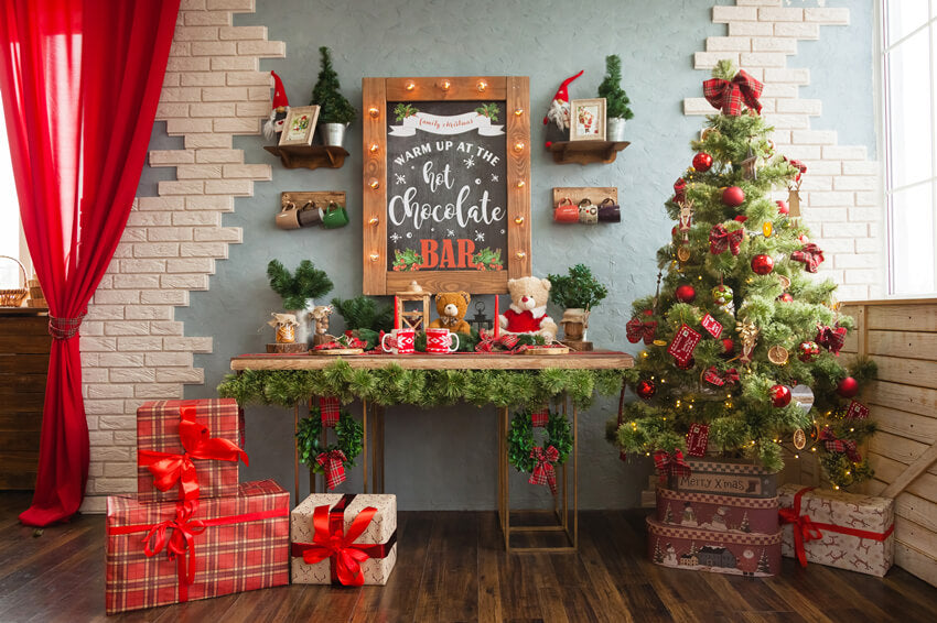 Arbre de Noël Rouge Rideau Cadeaux Studio Toile de fond M11-36