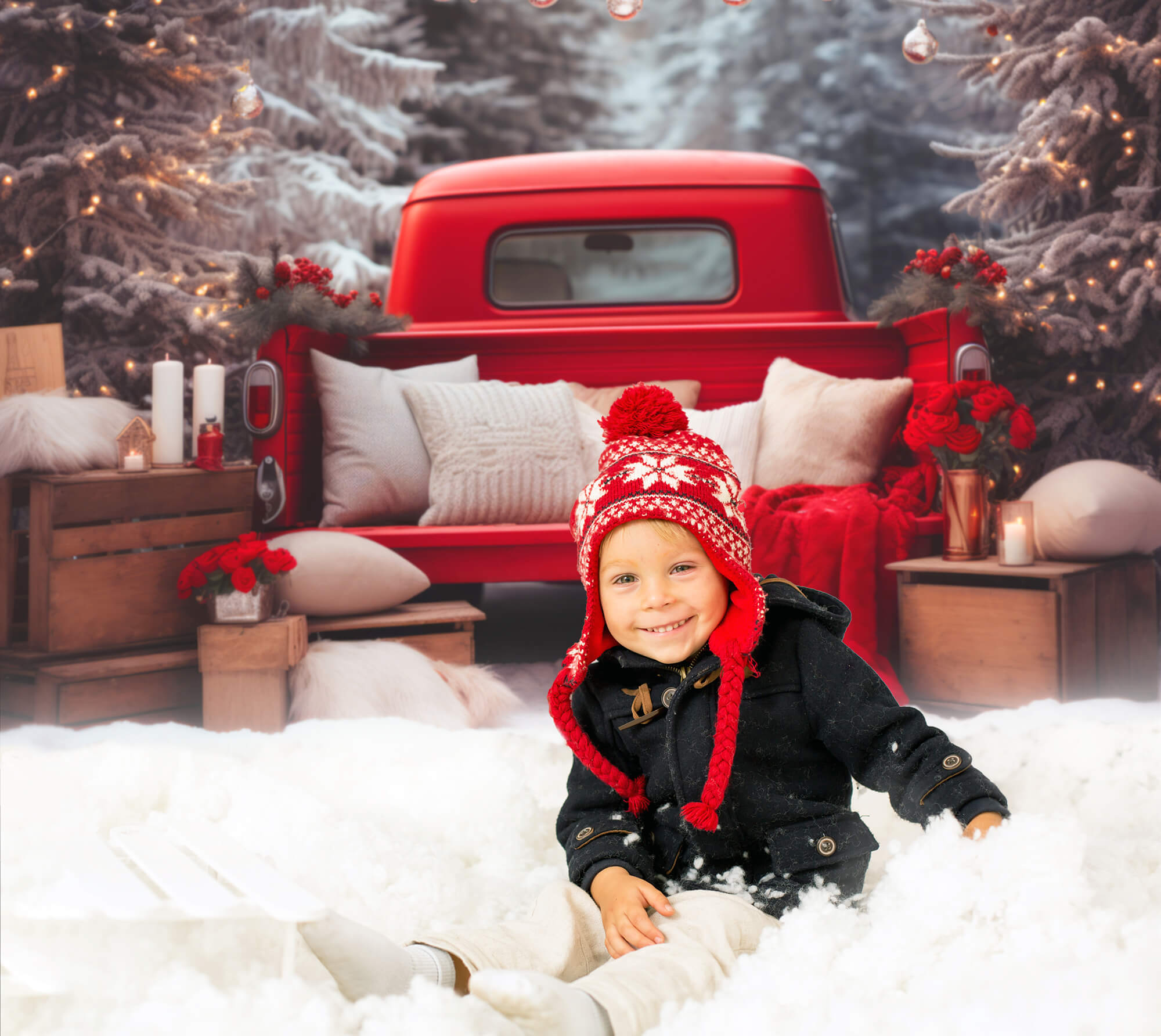 Vintage Noël Voiture Rouge Forêt Neige Toile de fond M11-57