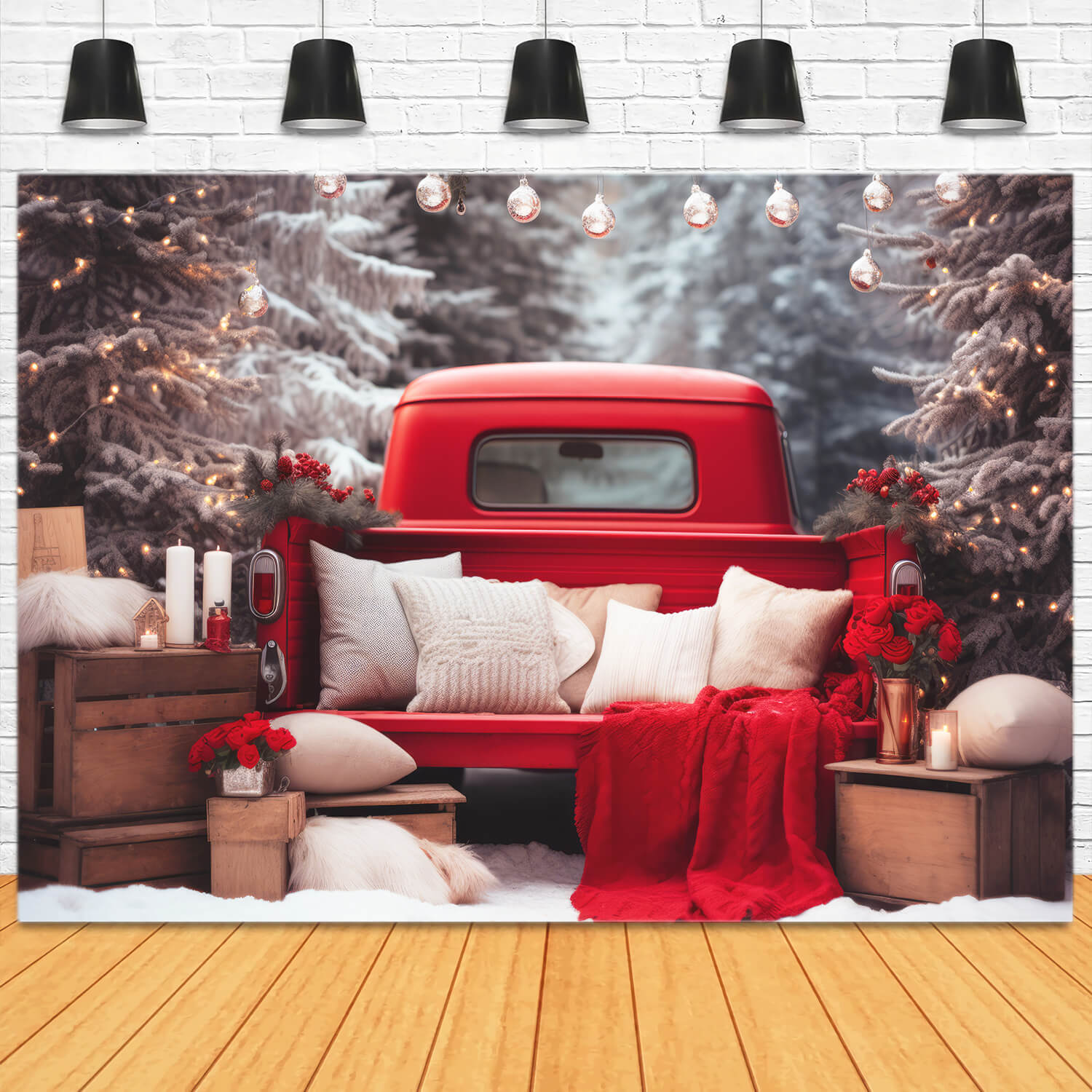 Vintage Noël Voiture Rouge Forêt Neige Toile de fond M11-57