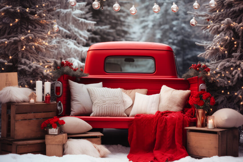 Vintage Noël Voiture Rouge Forêt Neige Toile de fond M11-57