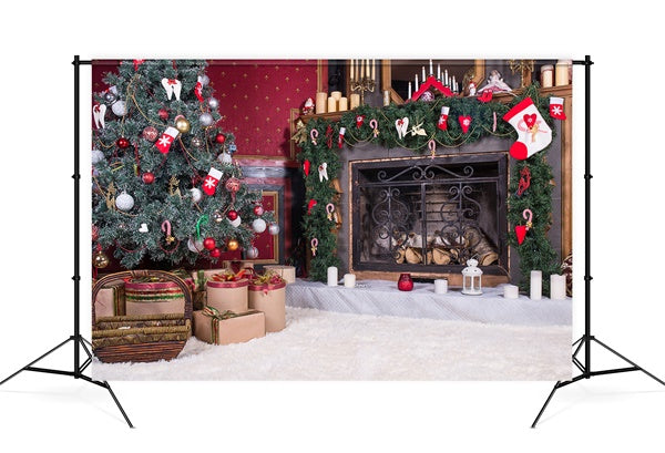 Cheminée de Noël Chaussettes Rouge Cadeau Tapis d'Hiver Toile de fond M11-74