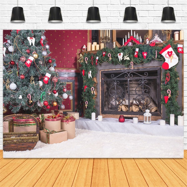 Cheminée de Noël Chaussettes Rouge Cadeau Tapis d'Hiver Toile de fond M11-74
