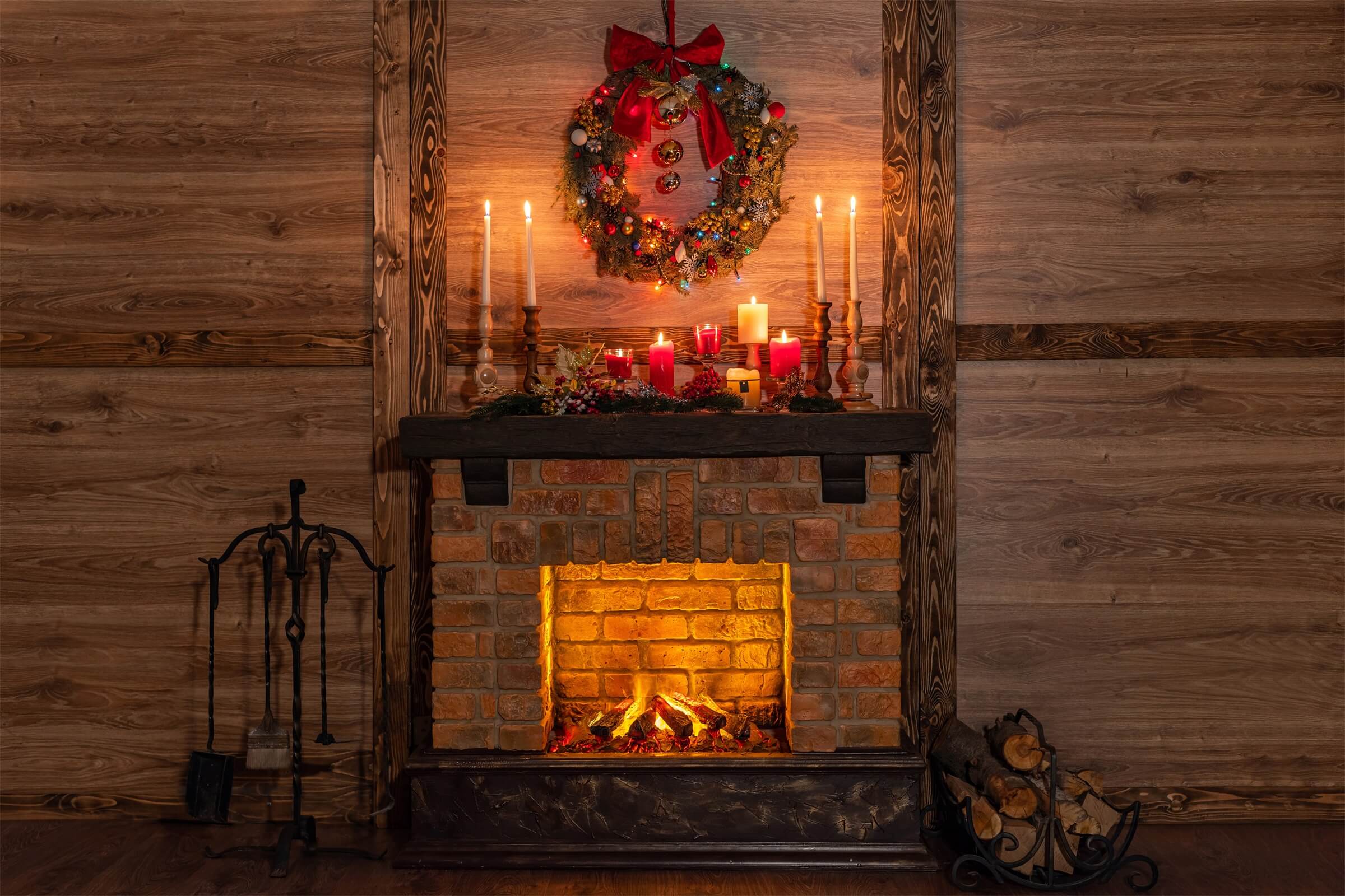 Noël Cheminée Chaude à la Bougie Guirlande de Sapin Toile de fond M11-76
