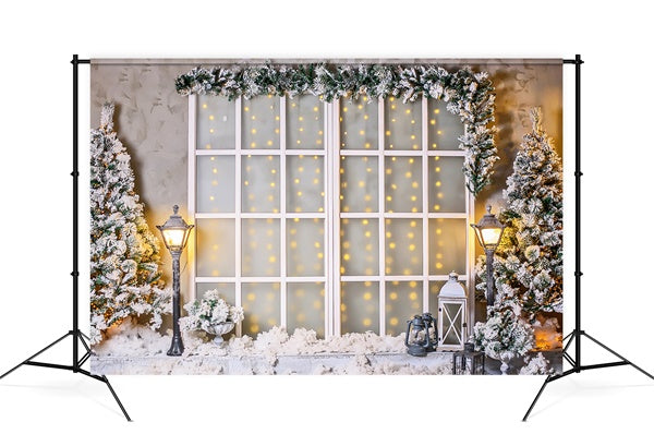 Sapin de Noël Neige Étoiles Lumières de Rue Fenêtre Verre Toile de fond M11-80