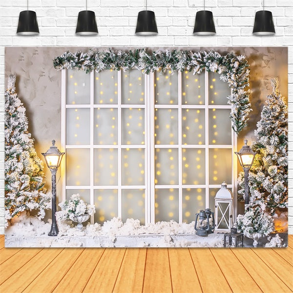 Sapin de Noël Neige Étoiles Lumières de Rue Fenêtre Verre Toile de fond M11-80