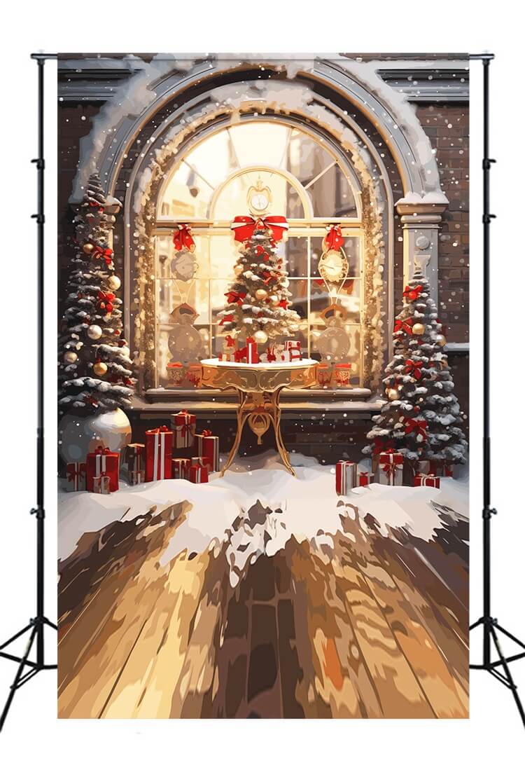 Arbre de Noël chaud Fenêtre Française Scène de rue Neige Sol en bois Toile de fond M12-03