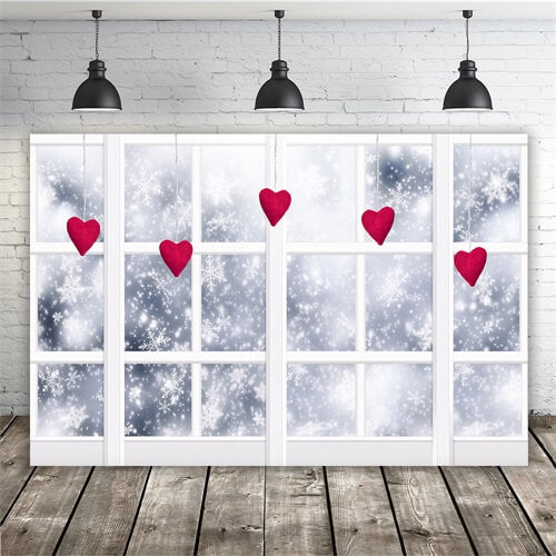 Hiver Flocons de neige Fenêtre Cœurs suspendus Romantique Toile de fond M12-07