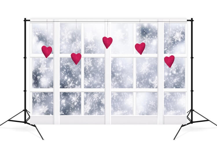 Hiver Flocons de neige Fenêtre Cœurs suspendus Romantique Toile de fond M12-07
