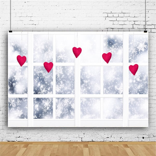 Hiver Flocons de neige Fenêtre Cœurs suspendus Romantique Toile de fond M12-07