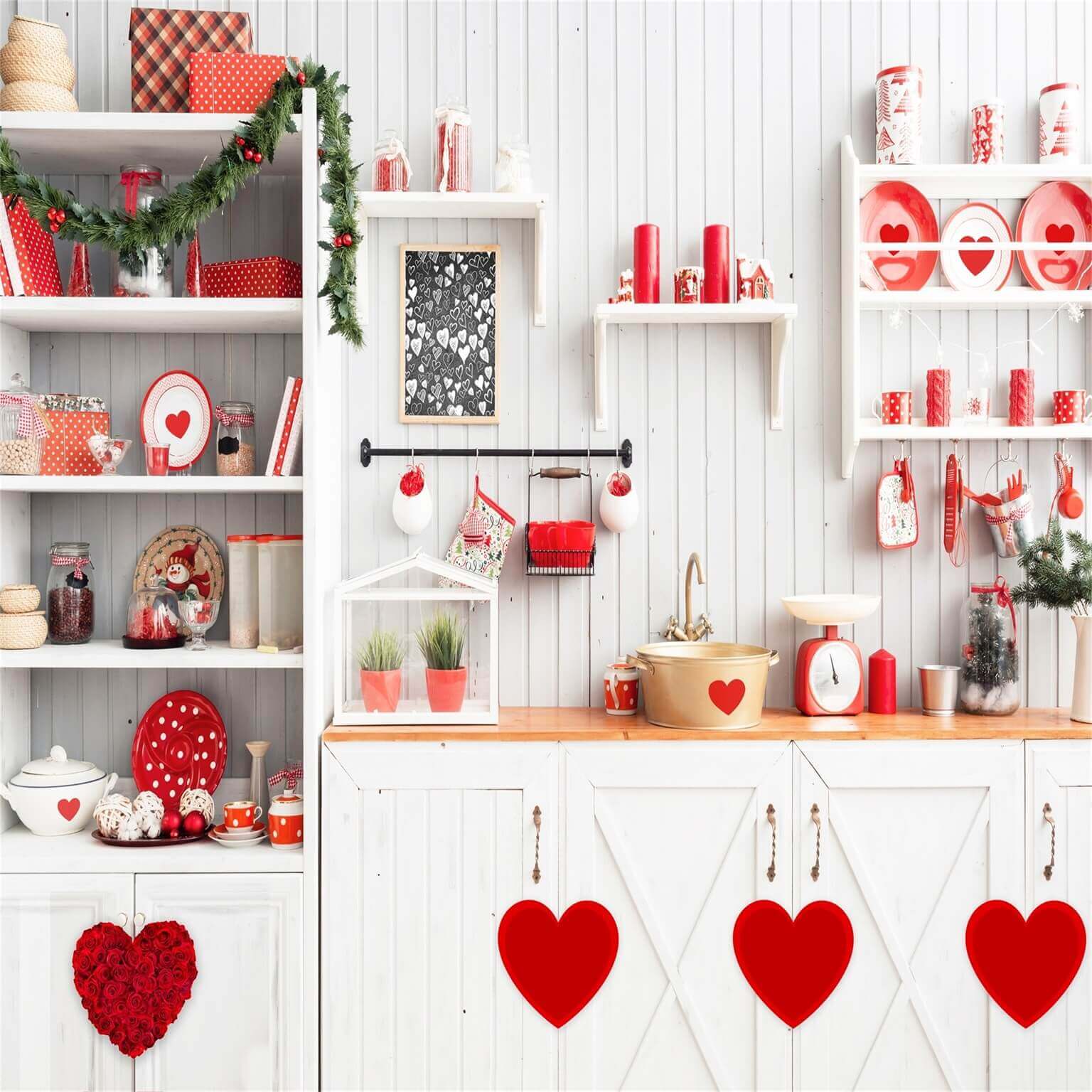 St Valentin Cuisine Décorations Coeur Rouge Fleuri Toile de fond M12-14