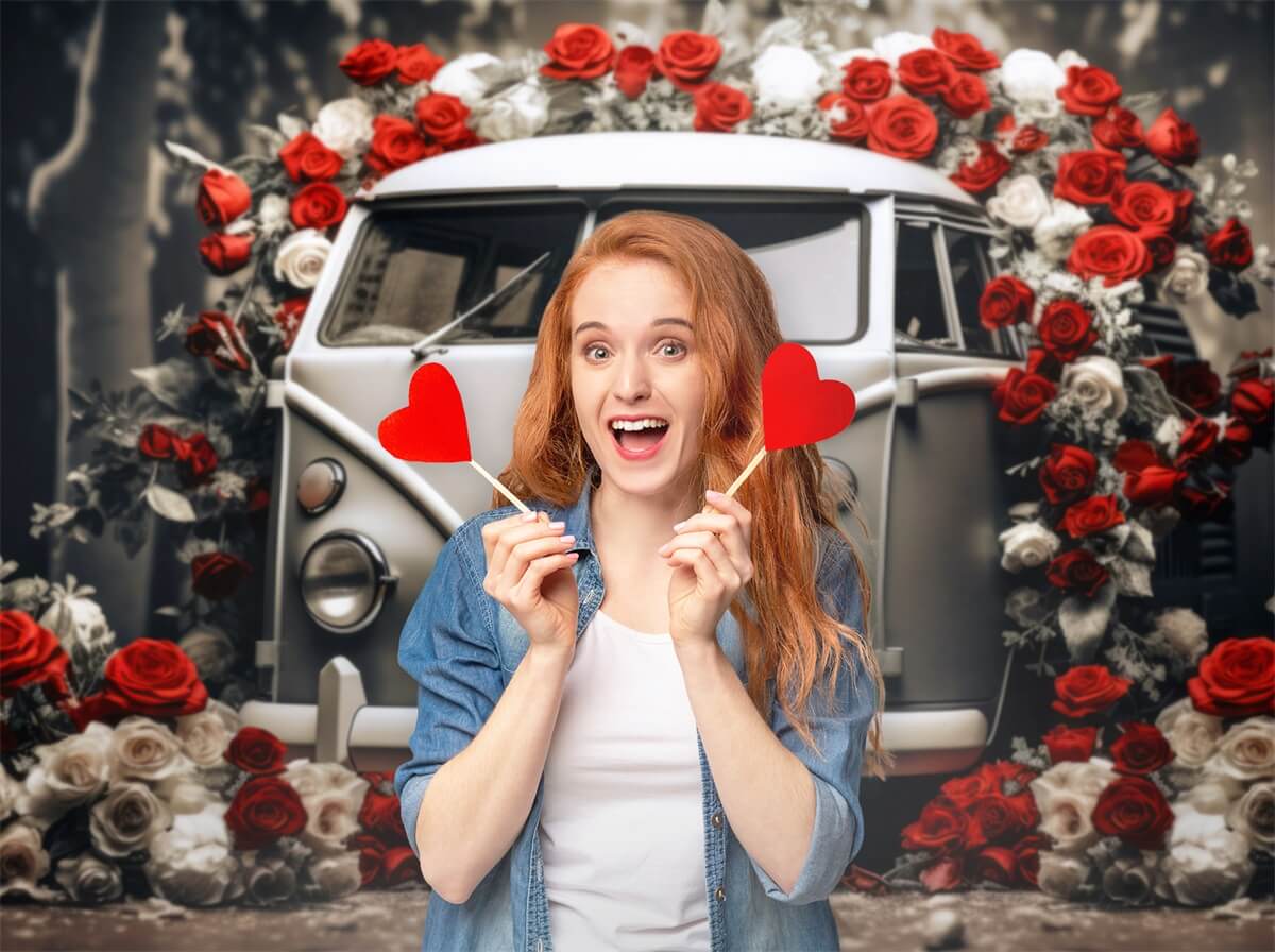 St Valentin Voiture Vintage Roses Rouges et Blanches Romantique Toile de fond M12-34