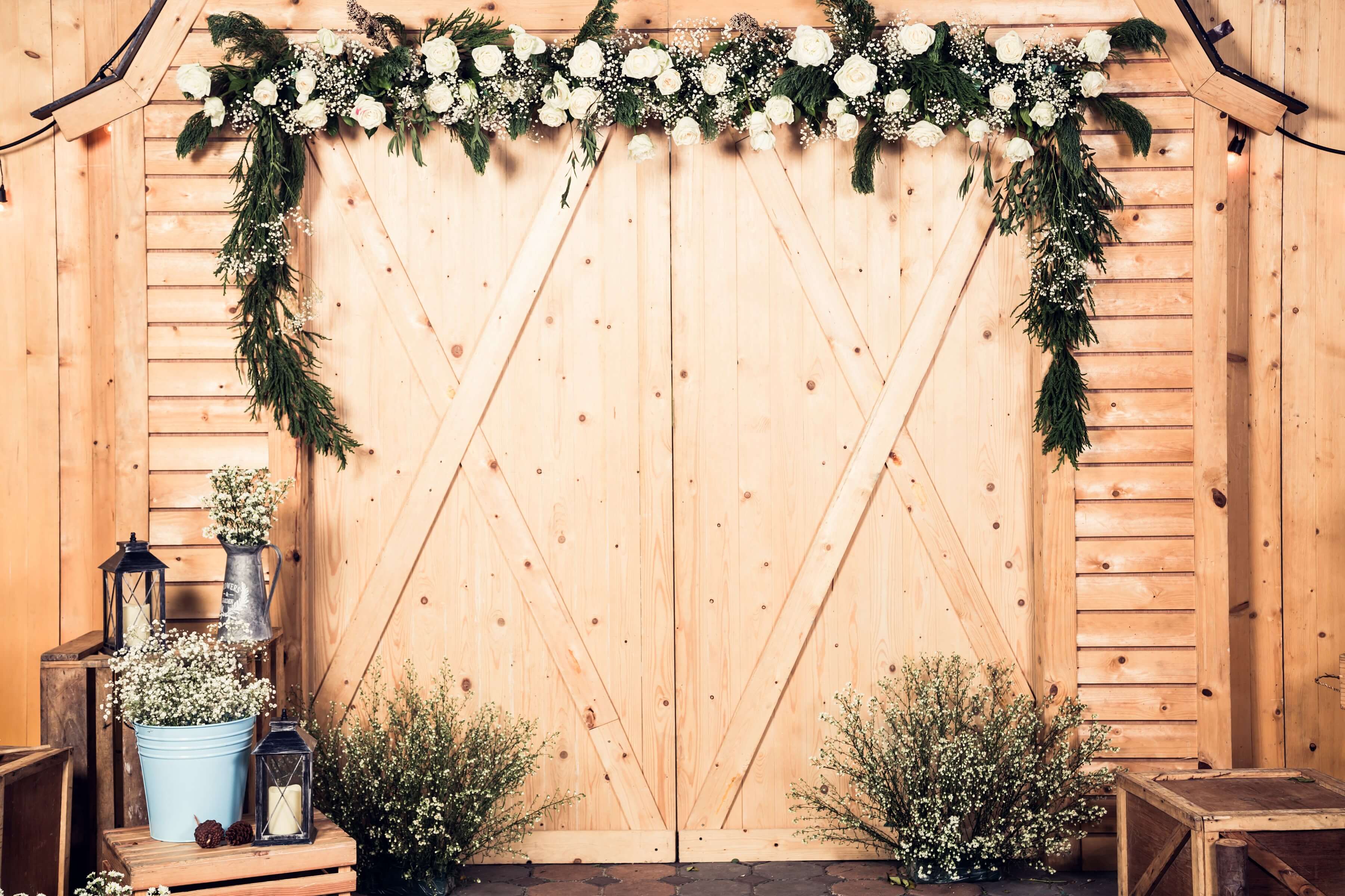 St Valentin Porte Grange Bûche Roses Blanches Nuit Etoilée Décoration Toile de fond M12-40