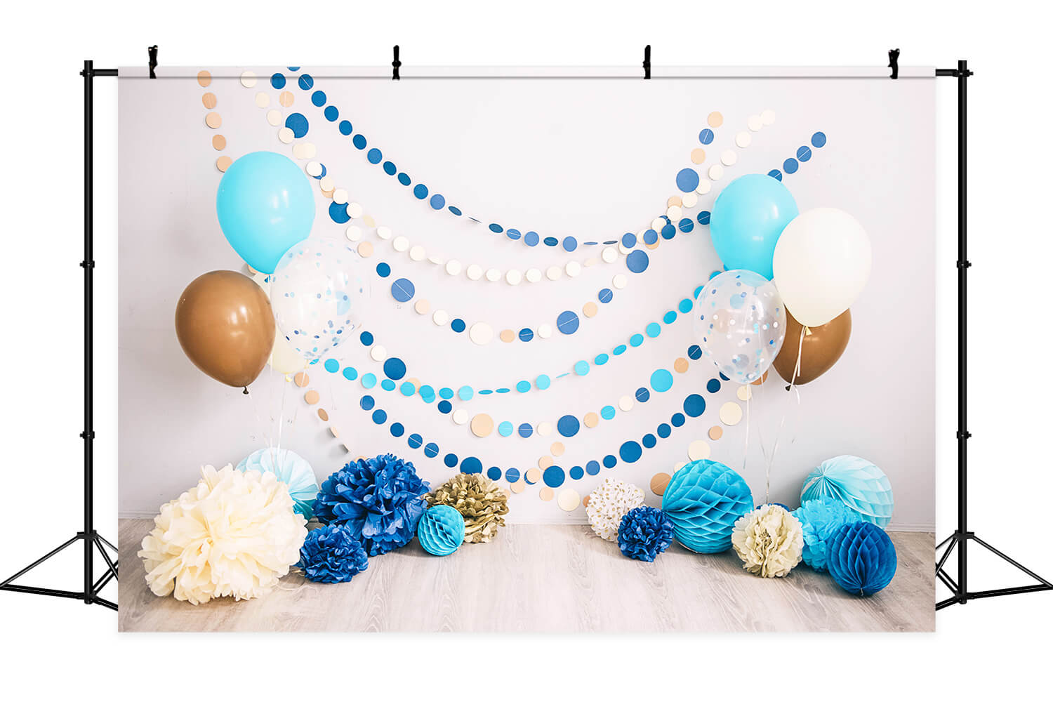 Anniversaire Beige Mur Plancher en bois Points colorés Ballon Papier Fleur Toile de fond M2-29