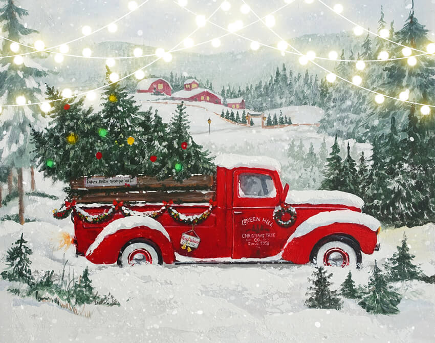 Toile de Fond d'arbre de Forêt Enneigée de Camion Rouge de Noël M6-148