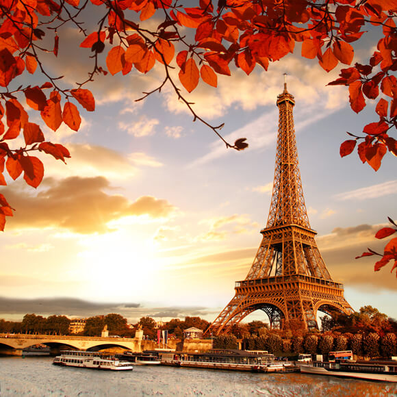 Tour Eiffel feuilles d'érable Coucher de Soleil Décor Toile de Fond M6-43